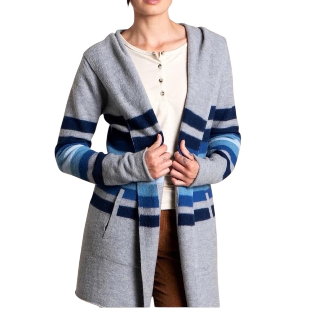 Toad & Co The Stevie Long Blanket Sweater in Lake Grey/Blue Stripe | MEDIUM NWT